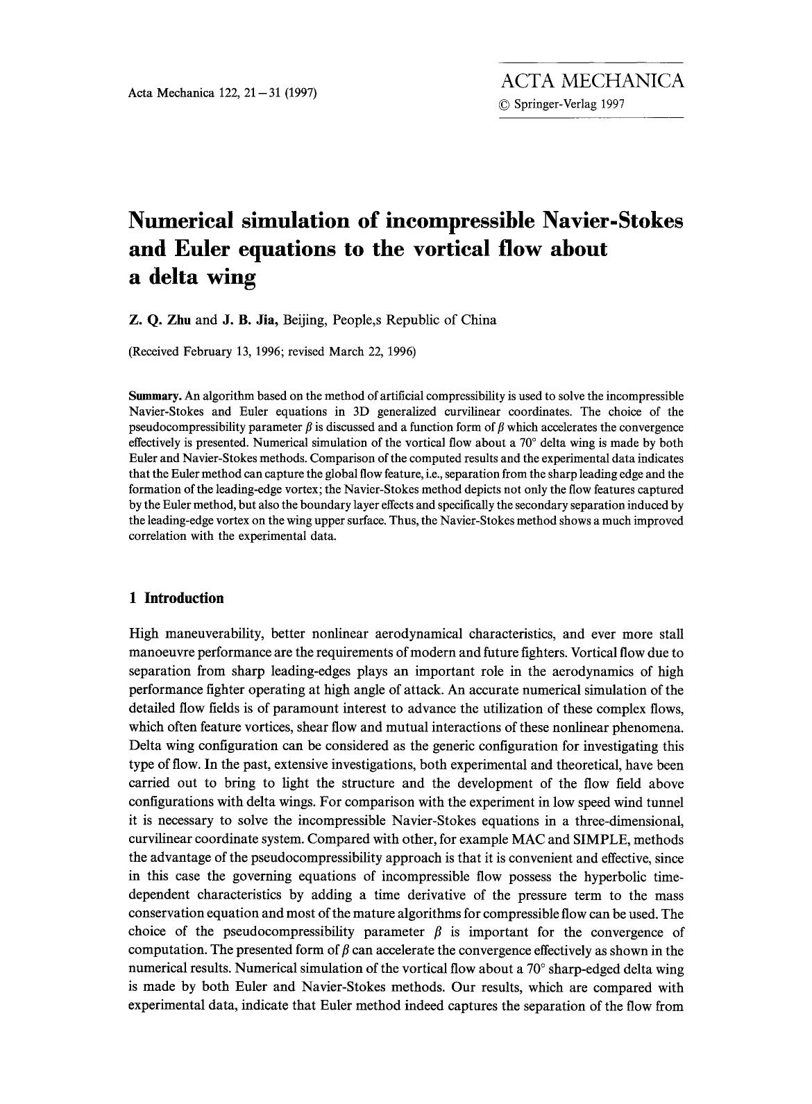 Numerical simulation of incompressible Navier-Stokes and Euler equations to the vortical flow about a delta wing by Unknown