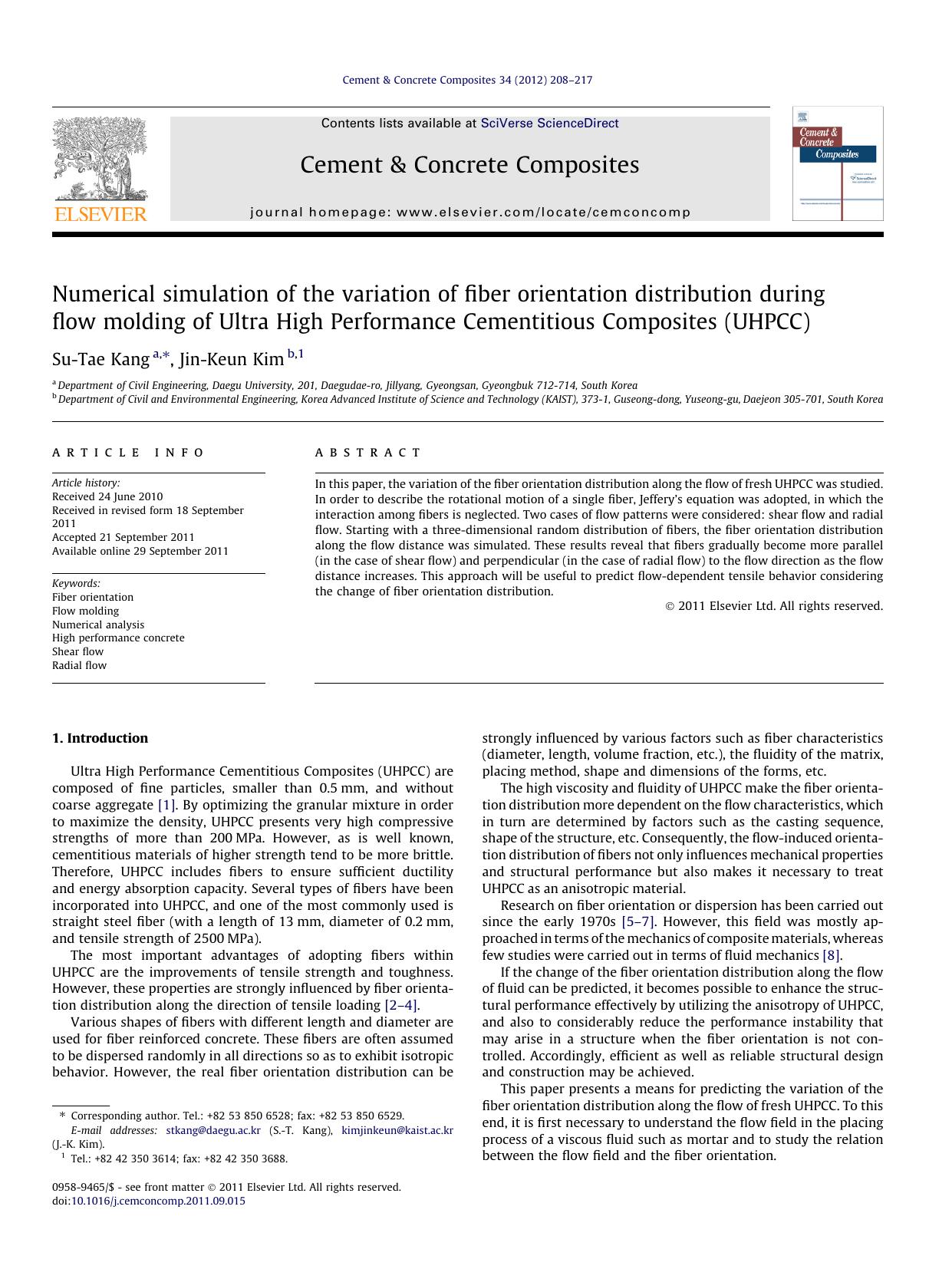 Numerical simulation of the variation of fiber orientation distribution during flow molding of Ultra High Performance Cementitious Composites (UHPCC) by Su-Tae Kang & Jin-Keun Kim