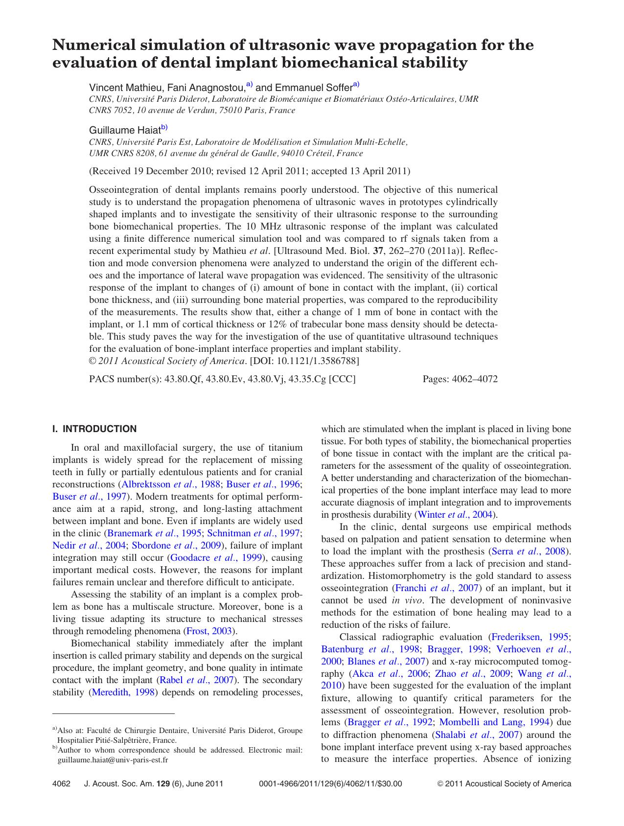 Numerical simulation of ultrasonic wave propagation for the evaluation of dental implant biomechanical stability by Vincent Mathieu Fani Anagnostou Emmanuel Soffer and Guillaume Haiat