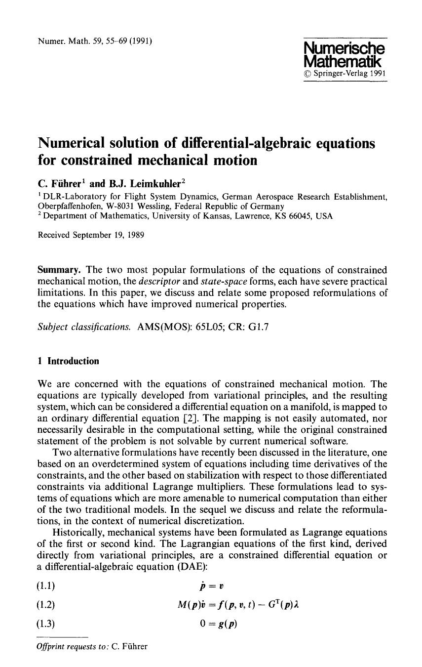 Numerical solution of differential-algebraic equations for constrained mechanical motion by Unknown