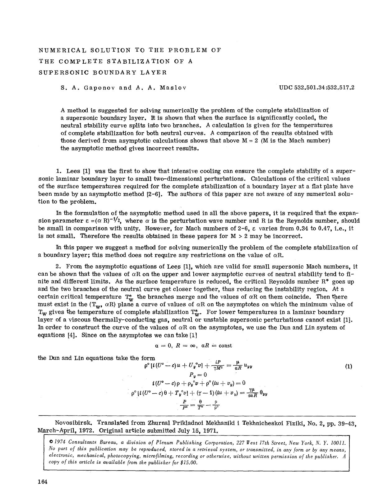 Numerical solution to the problem of the complete stabilization of a supersonic boundary layer by Unknown