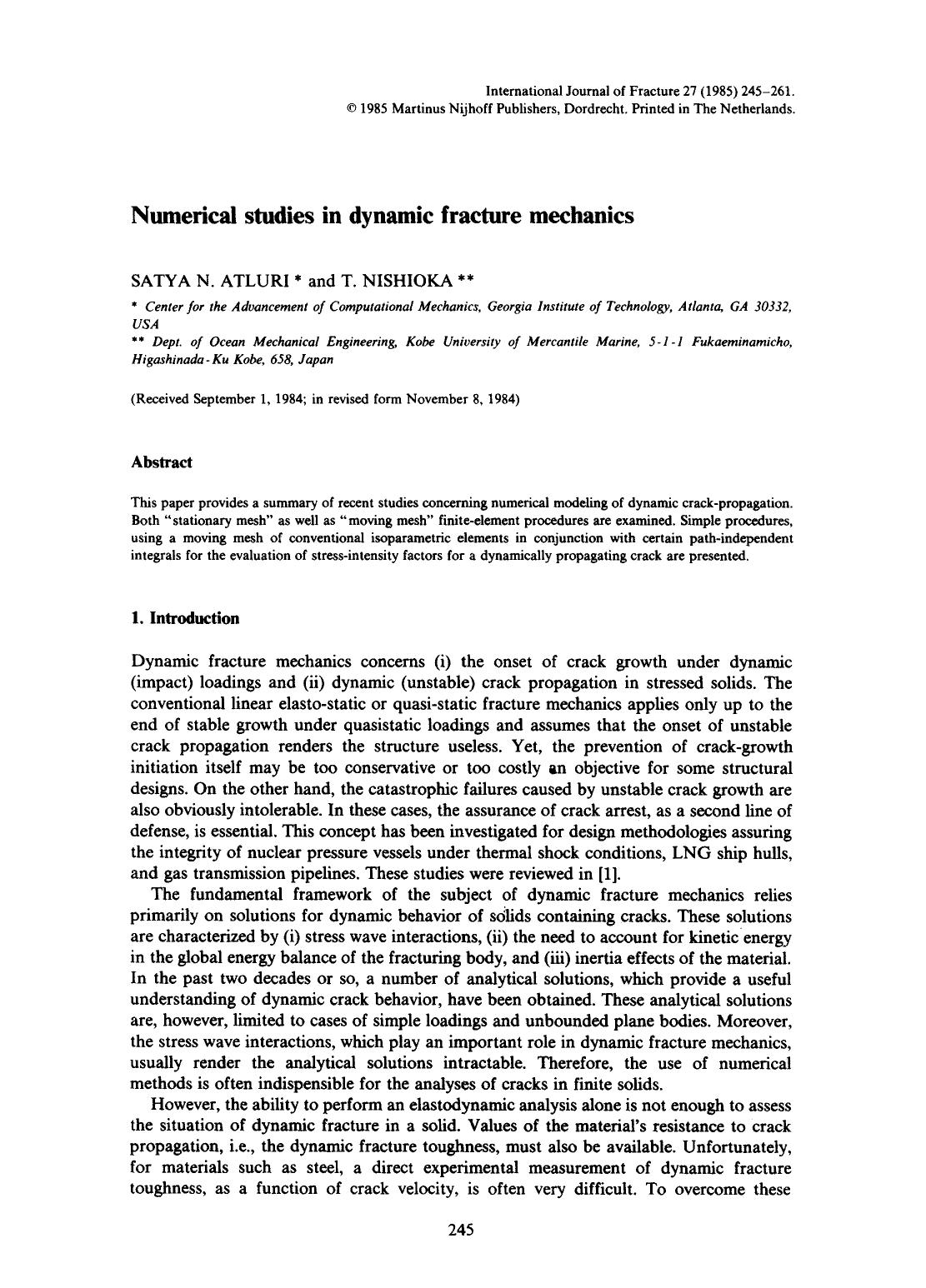 Numerical studies in dynamic fracture mechanics by Unknown