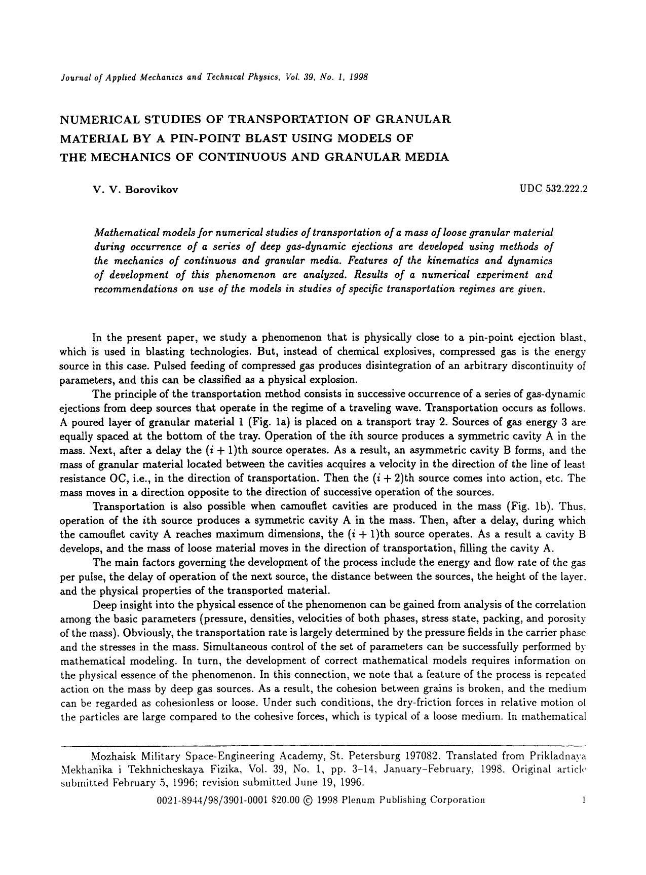 Numerical studies of transportation of granular material by a pin-point blast using models of the mechanics of continuous and granular media by Unknown