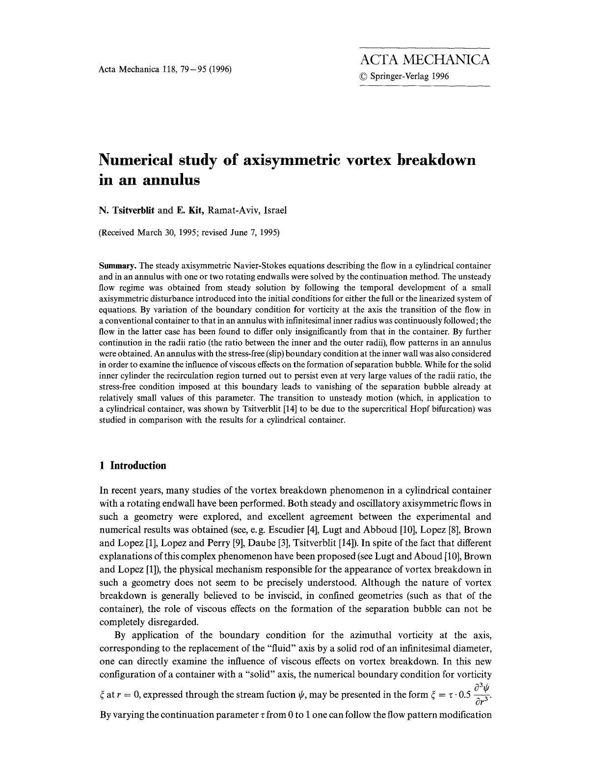 Numerical study of axisymmetric vortex breakdown in an annulus by Unknown