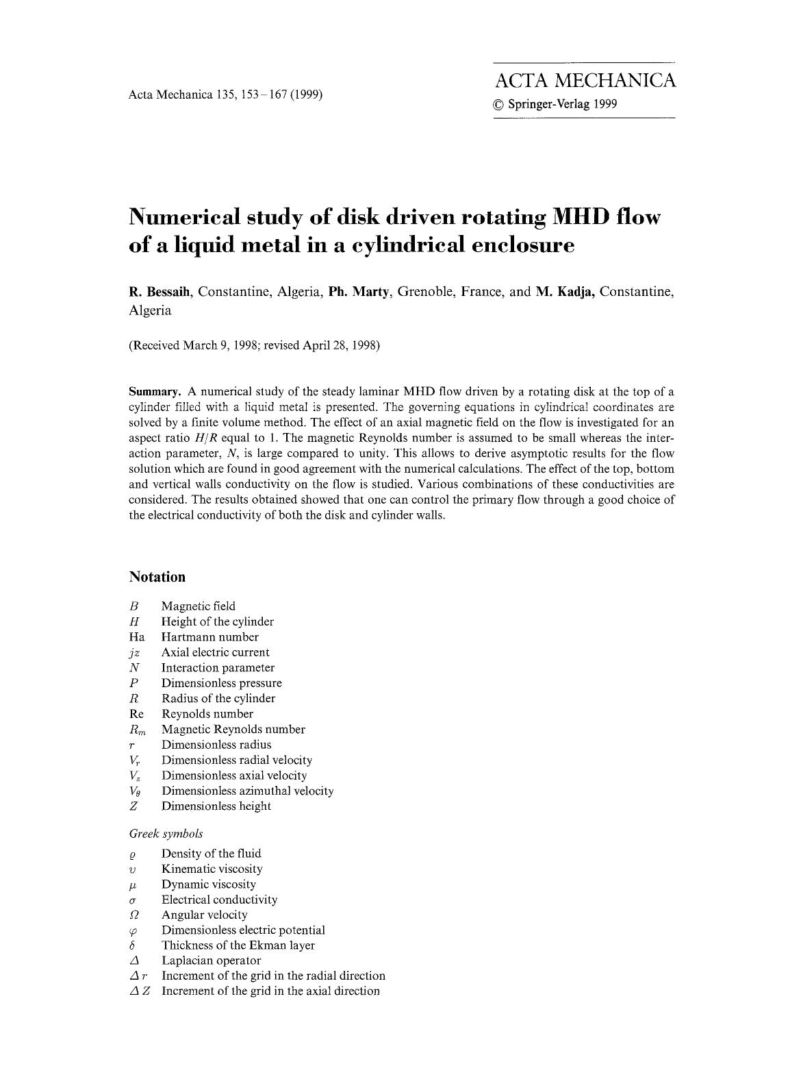Numerical study of disk driven rotating MHD flow of a liquid metal in a cylindrical enclosure by Unknown