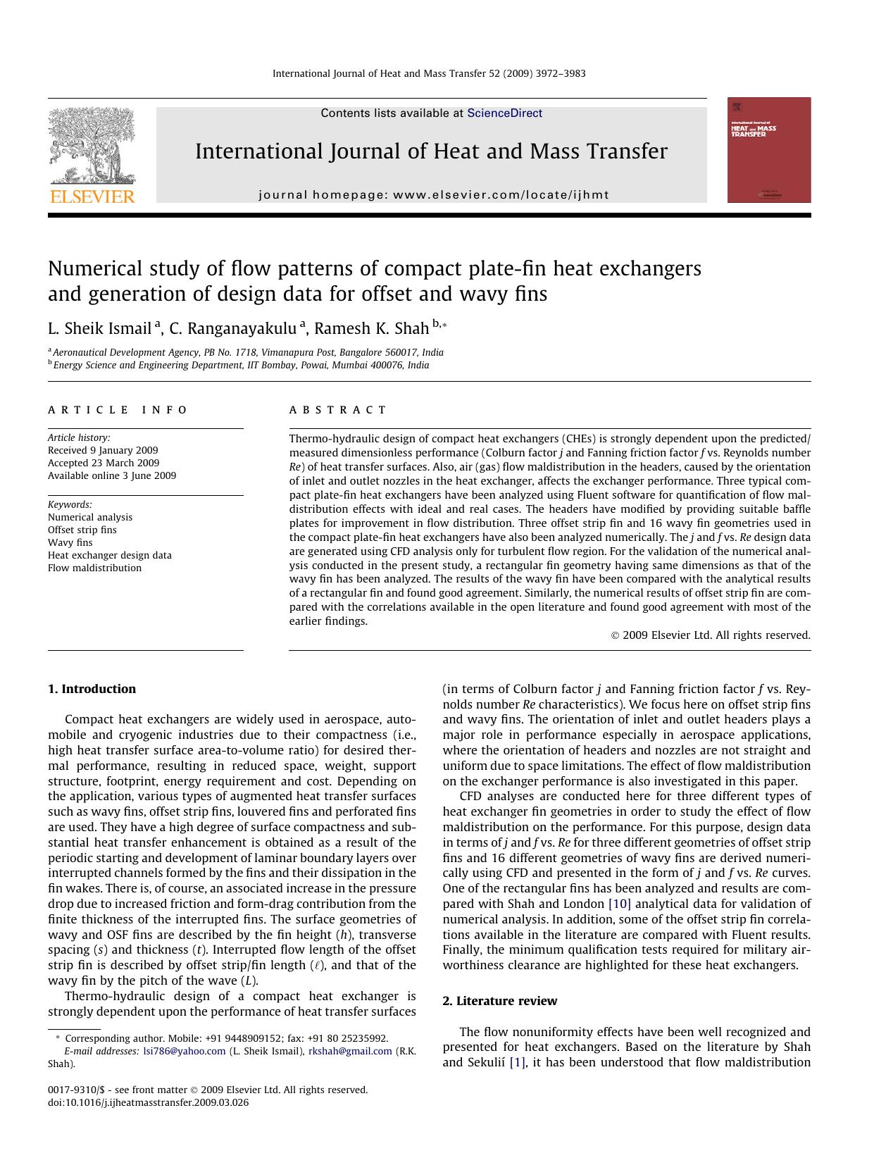 Numerical study of flow patterns of compact plate-fin heat exchangers and generation of design data for offset and wavy fins by L. Sheik Ismail; C. Ranganayakulu; Ramesh K. Shah