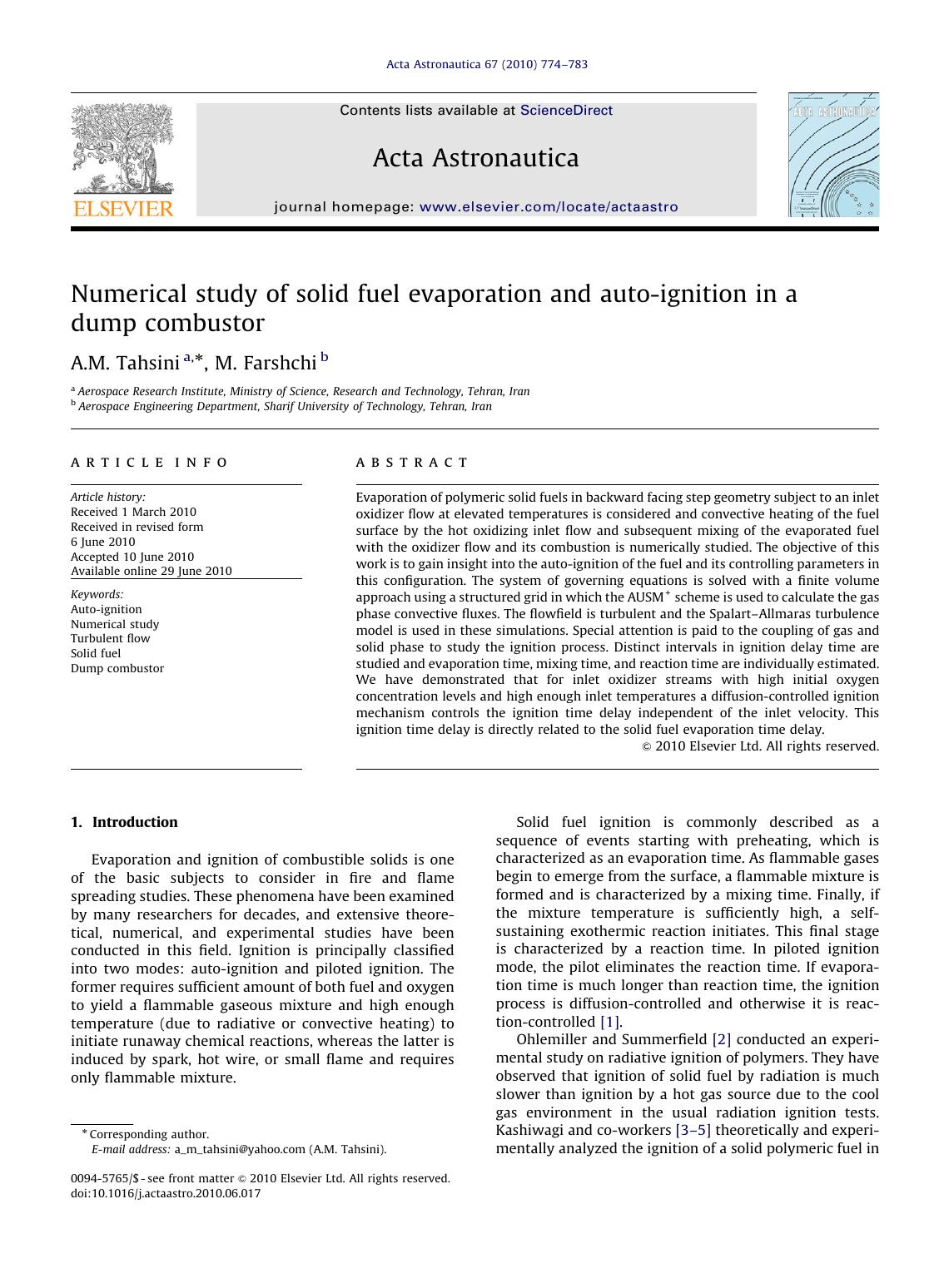 Numerical study of solid fuel evaporation and auto-ignition in a dump combustor by A.M. Tahsini & M. Farshchi