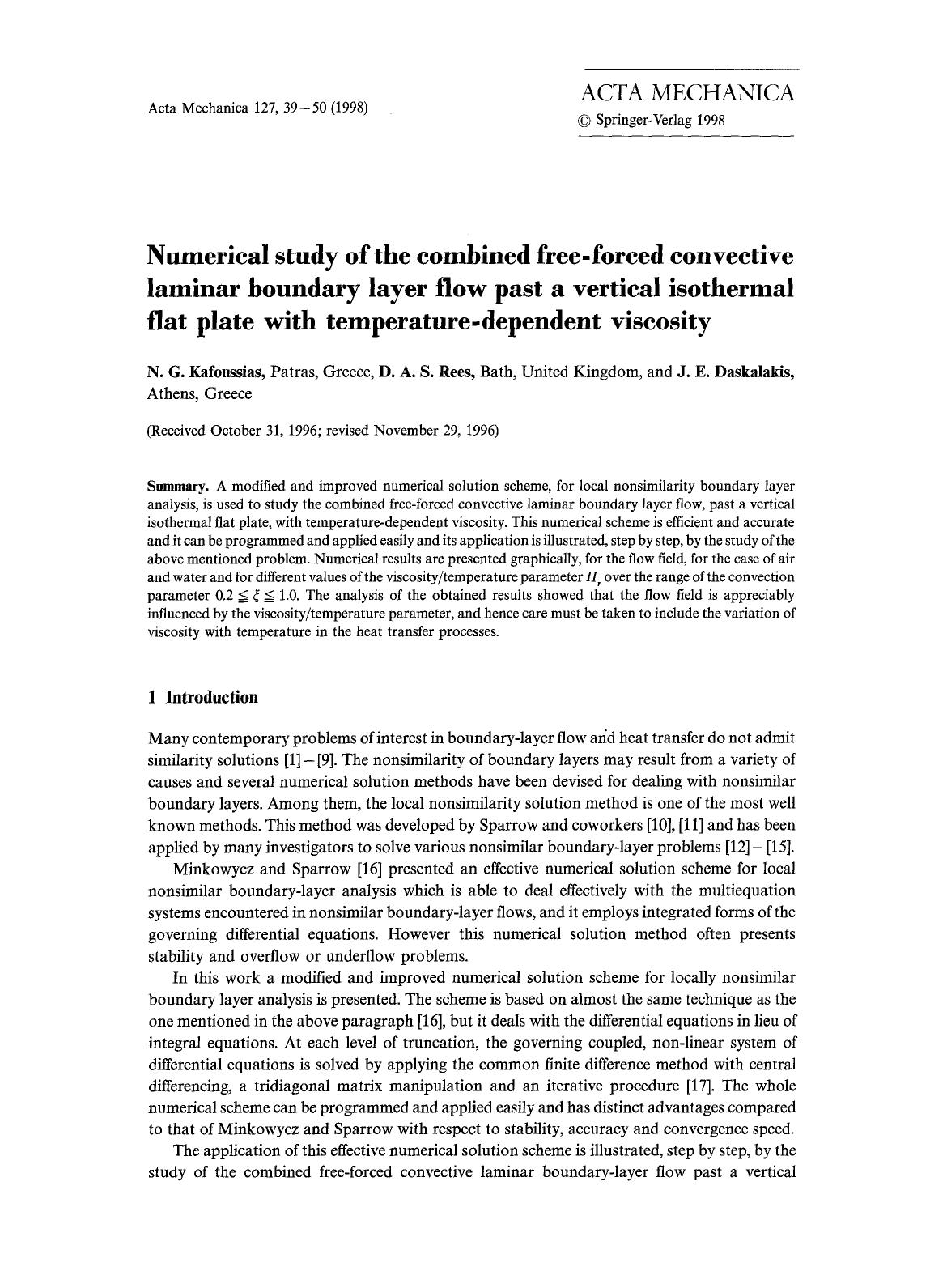 Numerical study of the combined free-forced convective laminar boundary layer flow past a vertical isothermal flat plate with temperature-dependent viscosity by Unknown