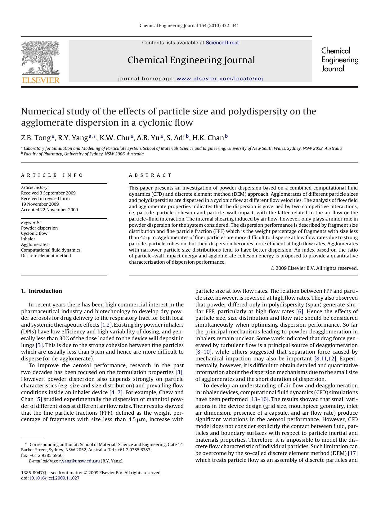 Numerical study of the effects of particle size and polydispersity on the agglomerate dispersion in a cyclonic flow by Z.B. Tong