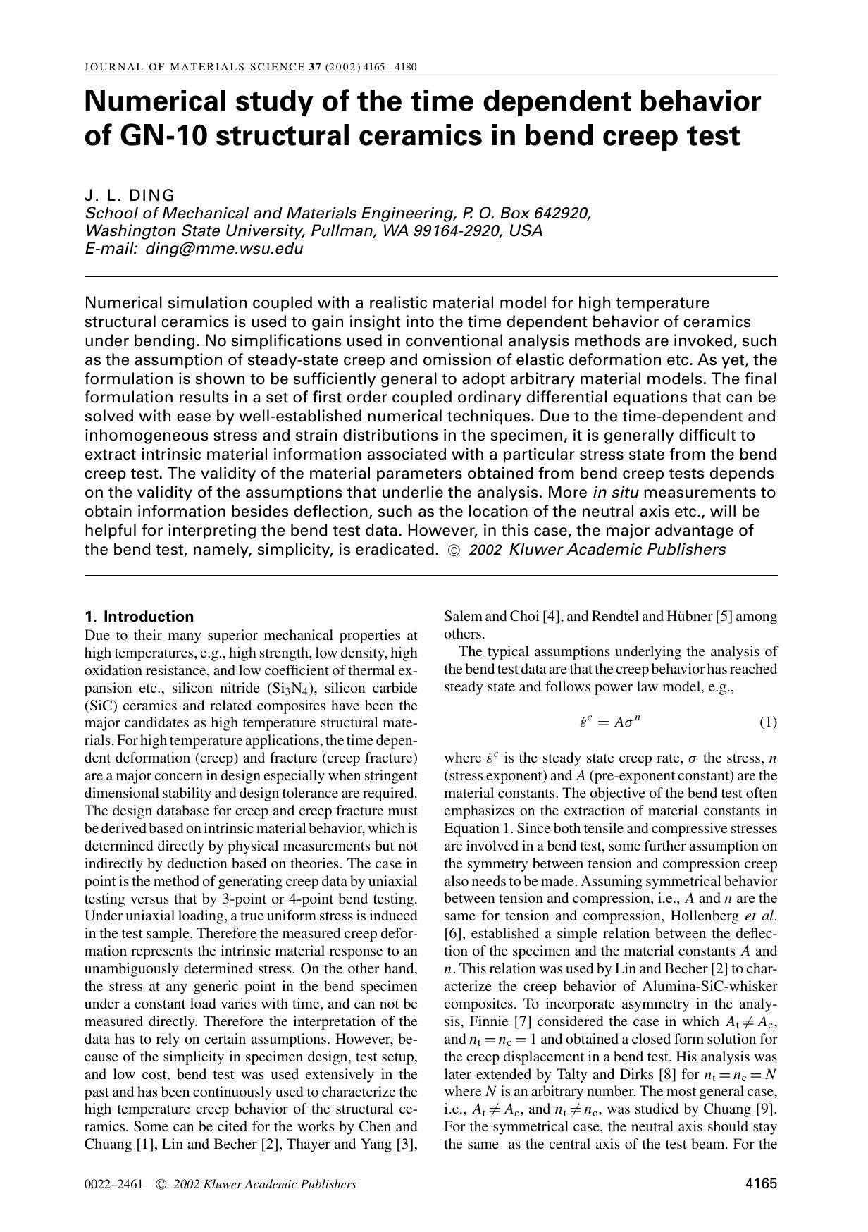 Numerical study of the time dependent behavior of GN-10 structural ceramics in bend creep test by Unknown