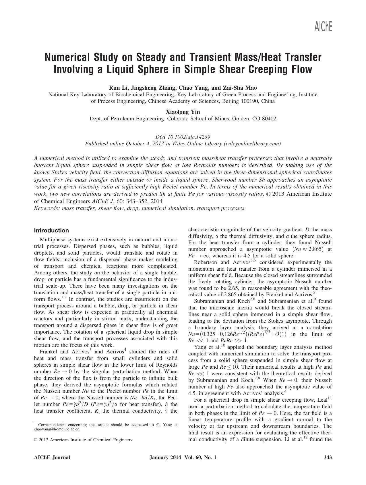 Numerical study on steady and transient massheat transfer involving a liquid sphere in simple shear creeping flow by Unknown