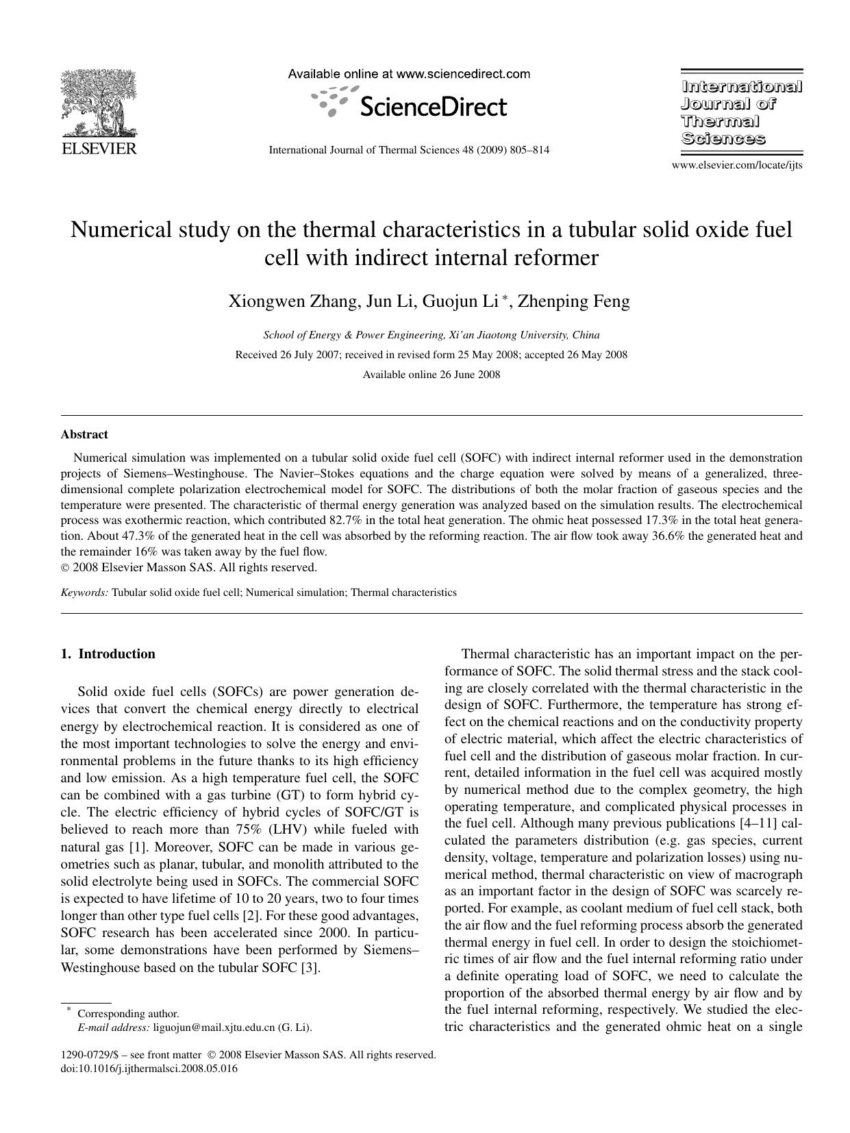 Numerical study on the thermal characteristics in a tubular solid oxide fuel cell with indirect internal reformer by Xiongwen Zhang; Jun Li; Guojun Li; Zhenping Feng
