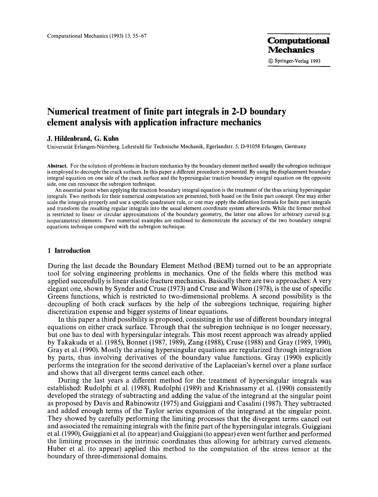 Numerical treatment of finite part integrals in 2-D boundary element analysis with application infracture mechanics by Unknown