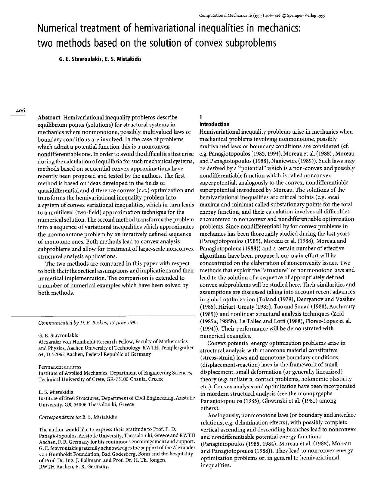 Numerical treatment of hemivariational inequalities in mechanics: two methods based on the solution of convex subproblems by Unknown