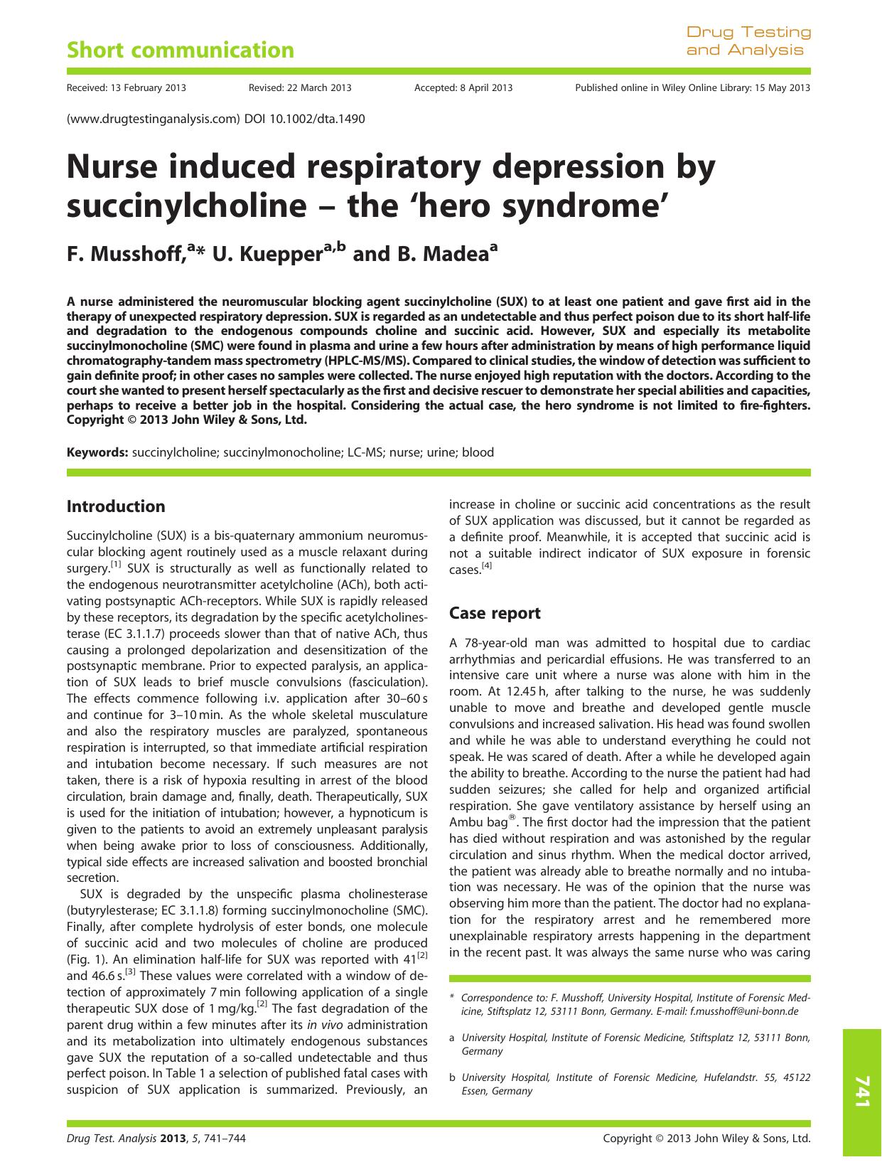 Nurse induced respiratory depression by succinylcholine the hero syndrome by Unknown