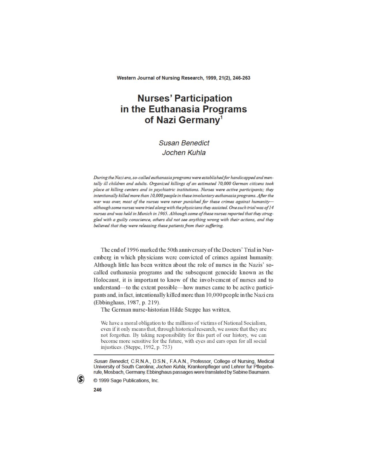 Nurses' Participation in the Euthanasia Programs of Nazi Germany by Unknown