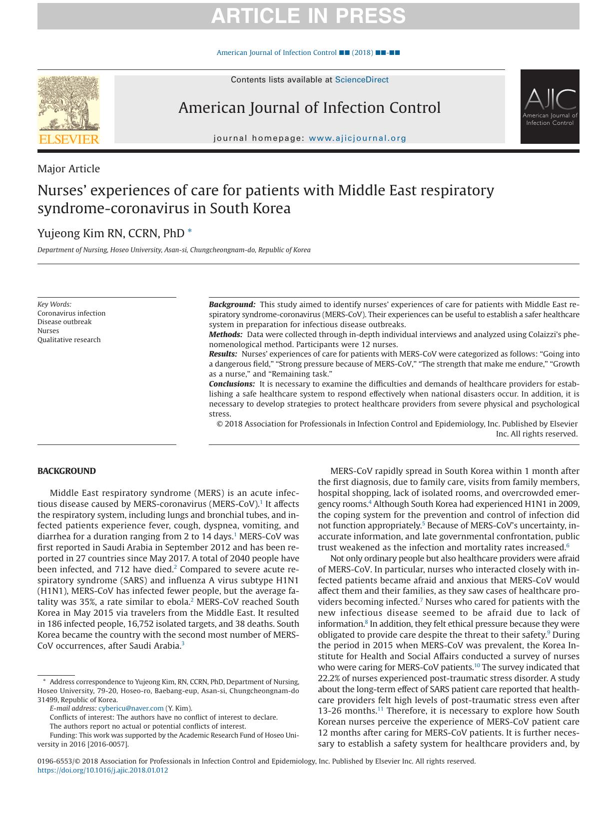 Nurses' experiences of care for patients with Middle East respiratory syndrome-coronavirus in South Korea by Yujeong Kim RN CCRN PhD