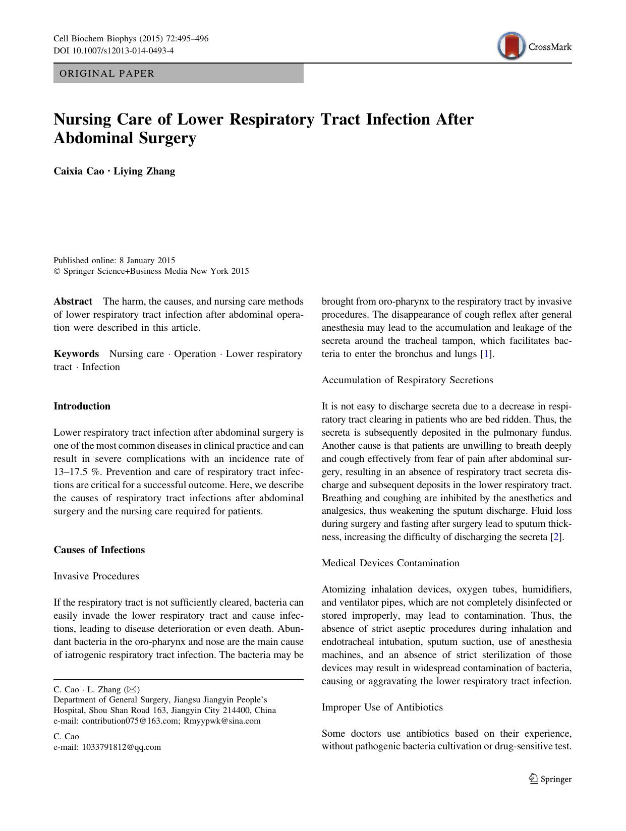 Nursing Care of Lower Respiratory Tract Infection After Abdominal Surgery by Caixia Cao & Liying Zhang