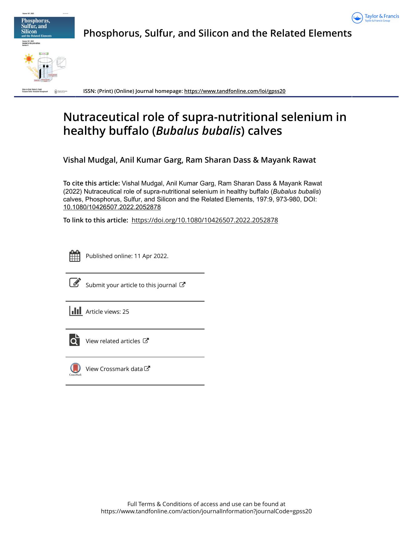 Nutraceutical role of supra-nutritional selenium in healthy buffalo (Bubalus bubalis) calves by Mudgal Vishal & Garg Anil Kumar & Dass Ram Sharan & Rawat Mayank