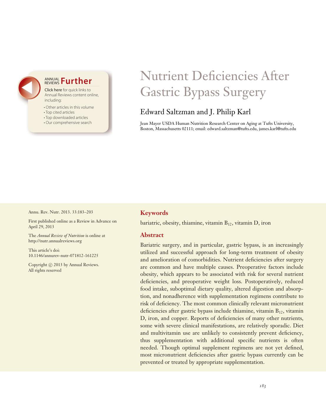 Nutrient Deficiencies After Gastric Bypass Surgery by Edward Saltzman and J. Philip Karl