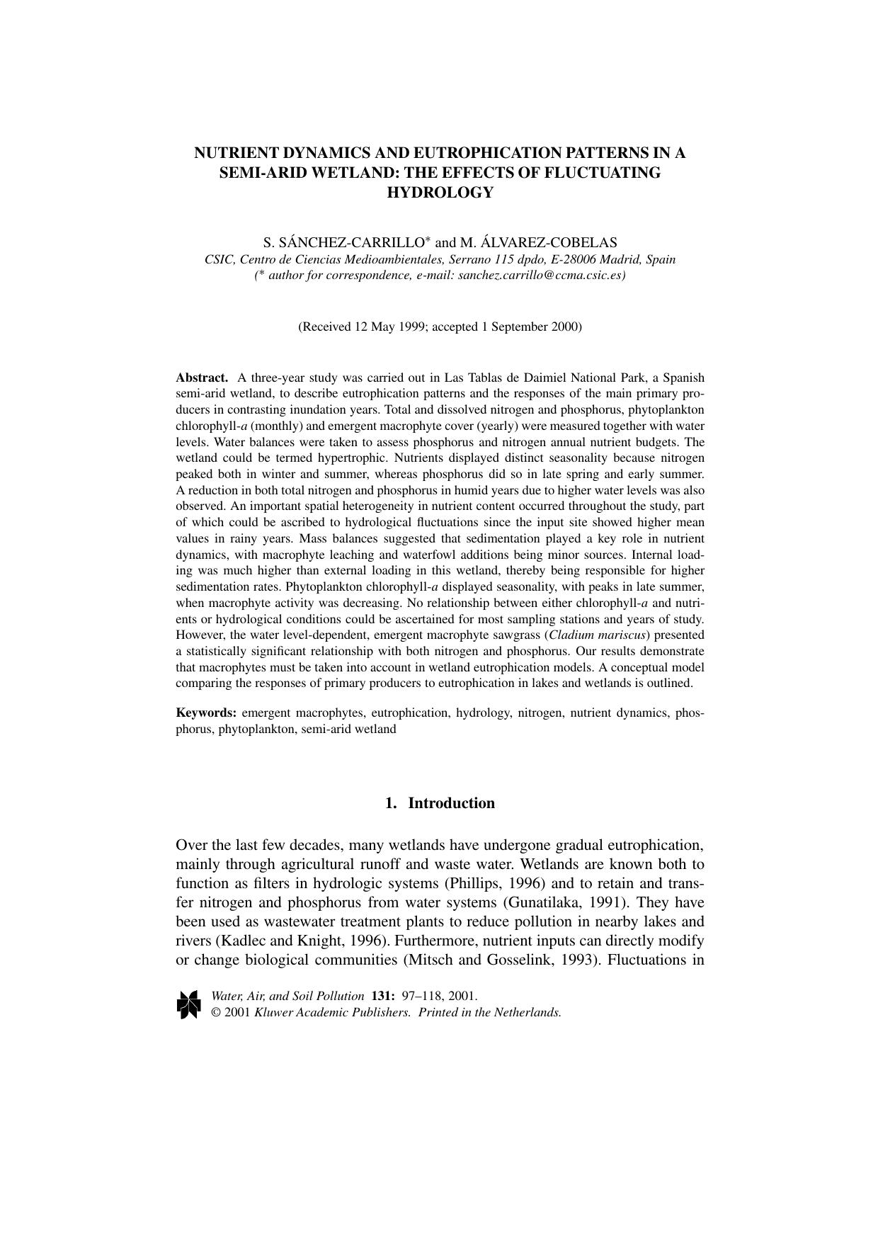 Nutrient Dynamics and Eutrophication Patterns in a Semi-Arid Wetland: The Effects of Fluctuating Hydrology by Unknown