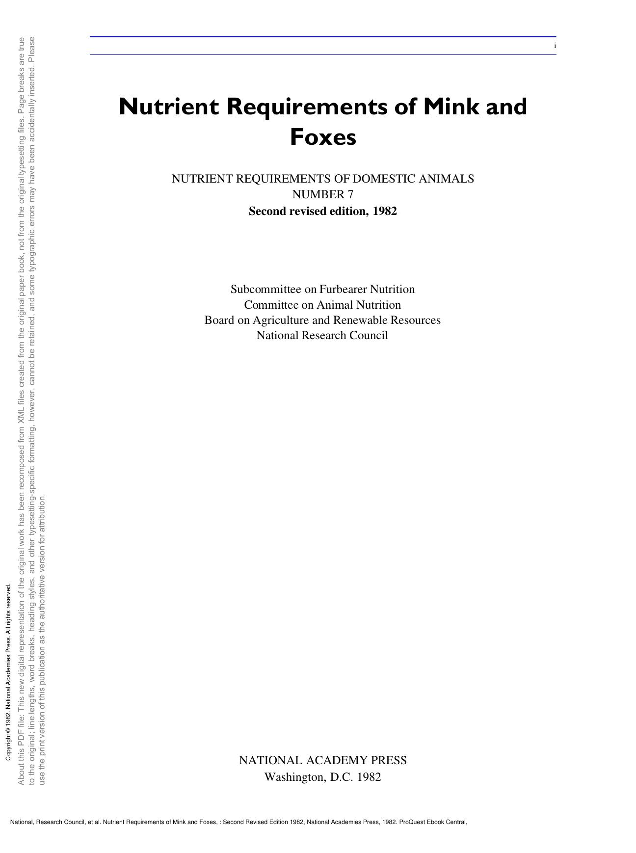 Nutrient Requirements of Mink and Foxes,: Second Revised Edition 1982 by National Research Council; Board on Agriculture; Committee on Animal Nutrition