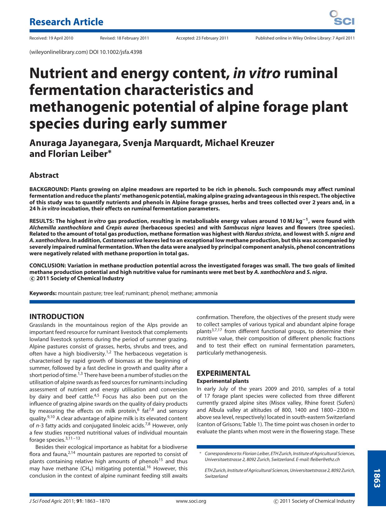 Nutrient and energy content, in vitro ruminal fermentation characteristics and methanogenic potential of alpine forage plant species during early summer by Unknown