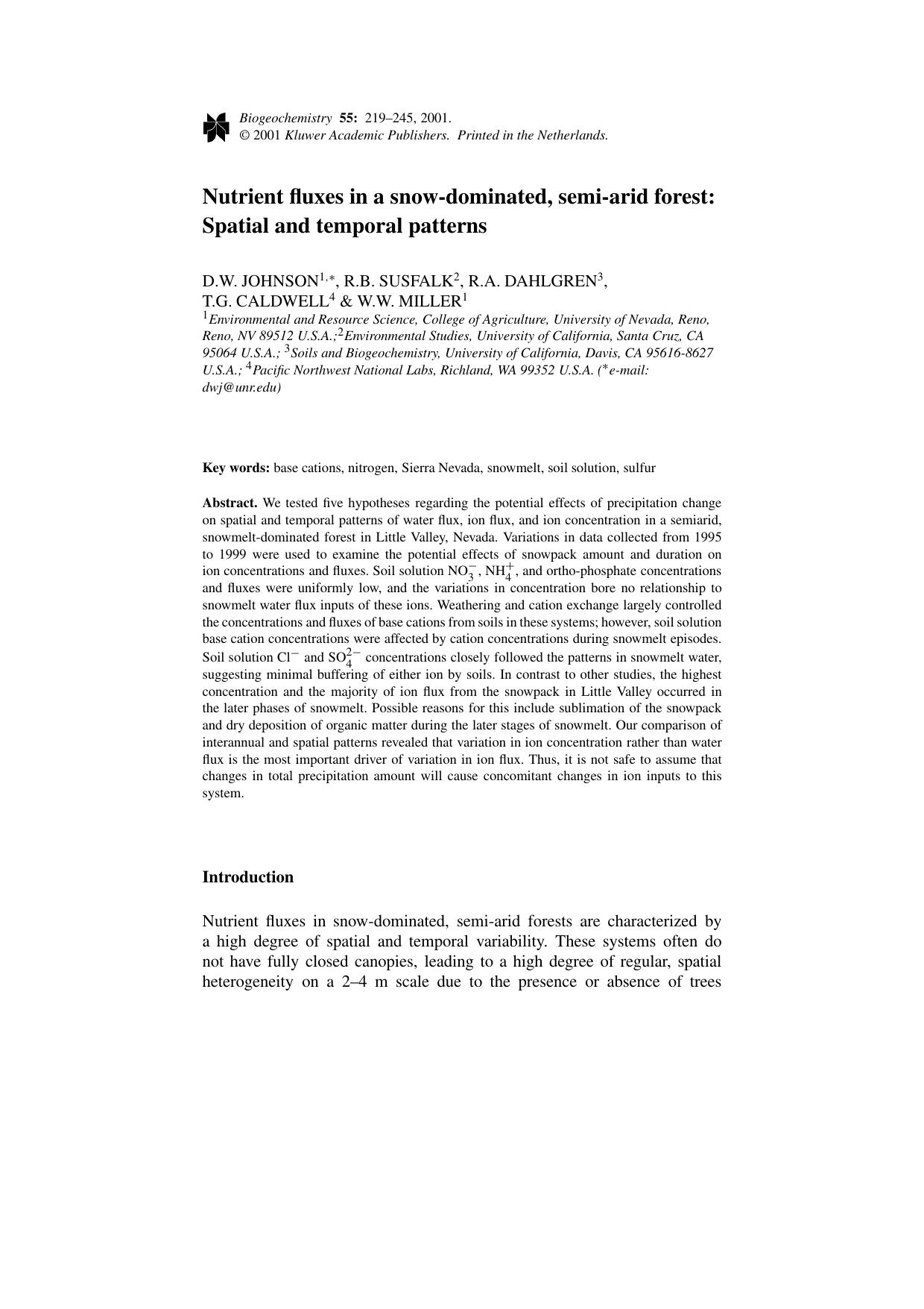 Nutrient fluxes in a snow-dominated, semi-arid forest: Spatial and temporal patterns by Unknown