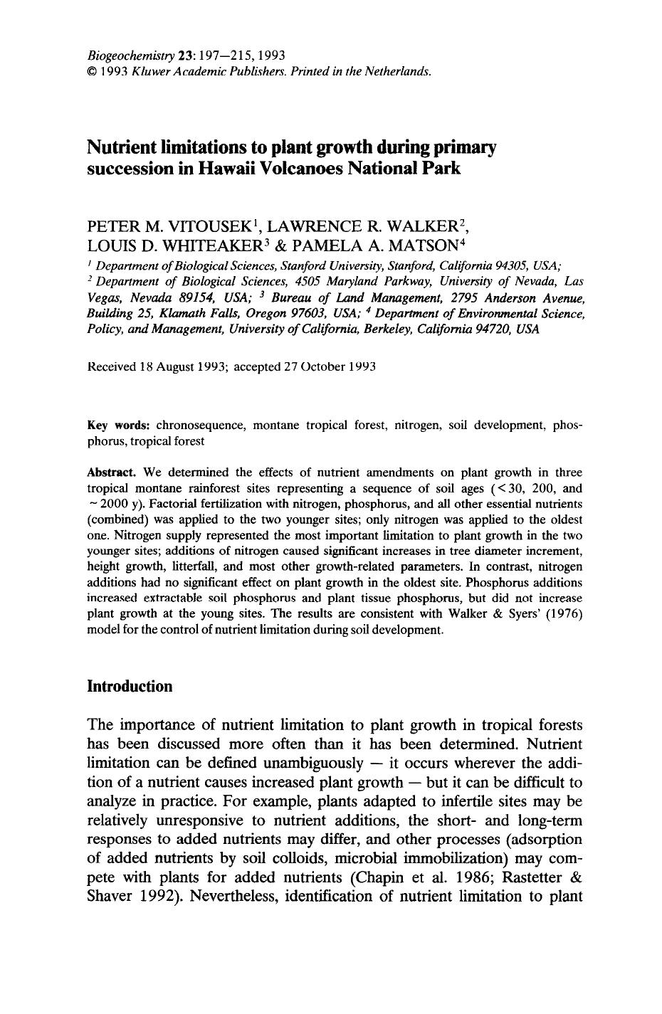 Nutrient limitations to plant growth during primary succession in Hawaii Volcanoes National Park by Unknown