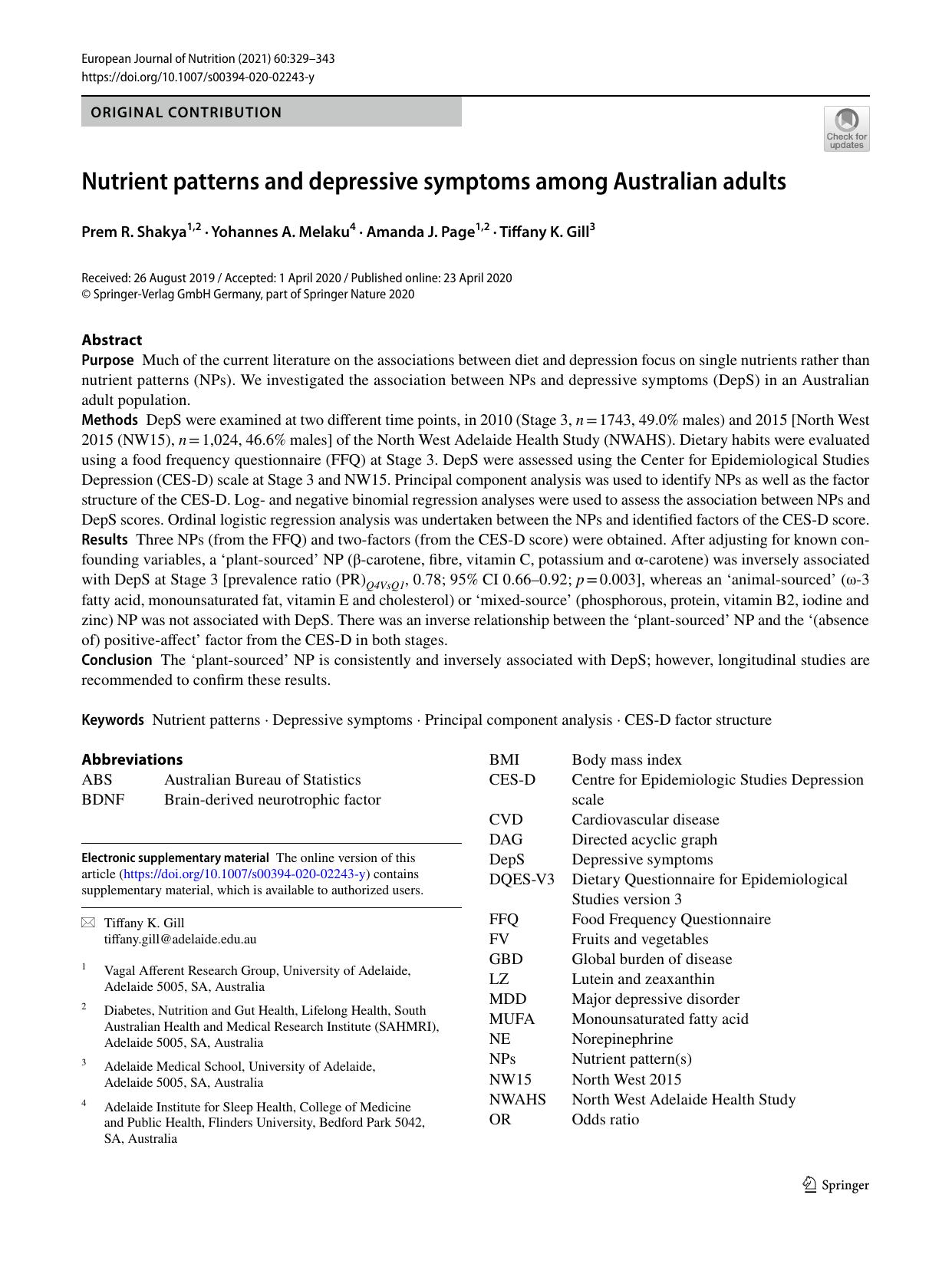 Nutrient patterns and depressive symptoms among Australian adults by Prem R. Shakya & Yohannes A. Melaku & Amanda J. Page & Tiffany K. Gill