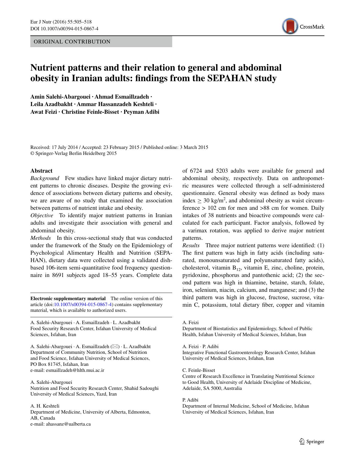 Nutrient patterns and their relation to general and abdominal obesity in Iranian adults: findings from the SEPAHAN study by unknow
