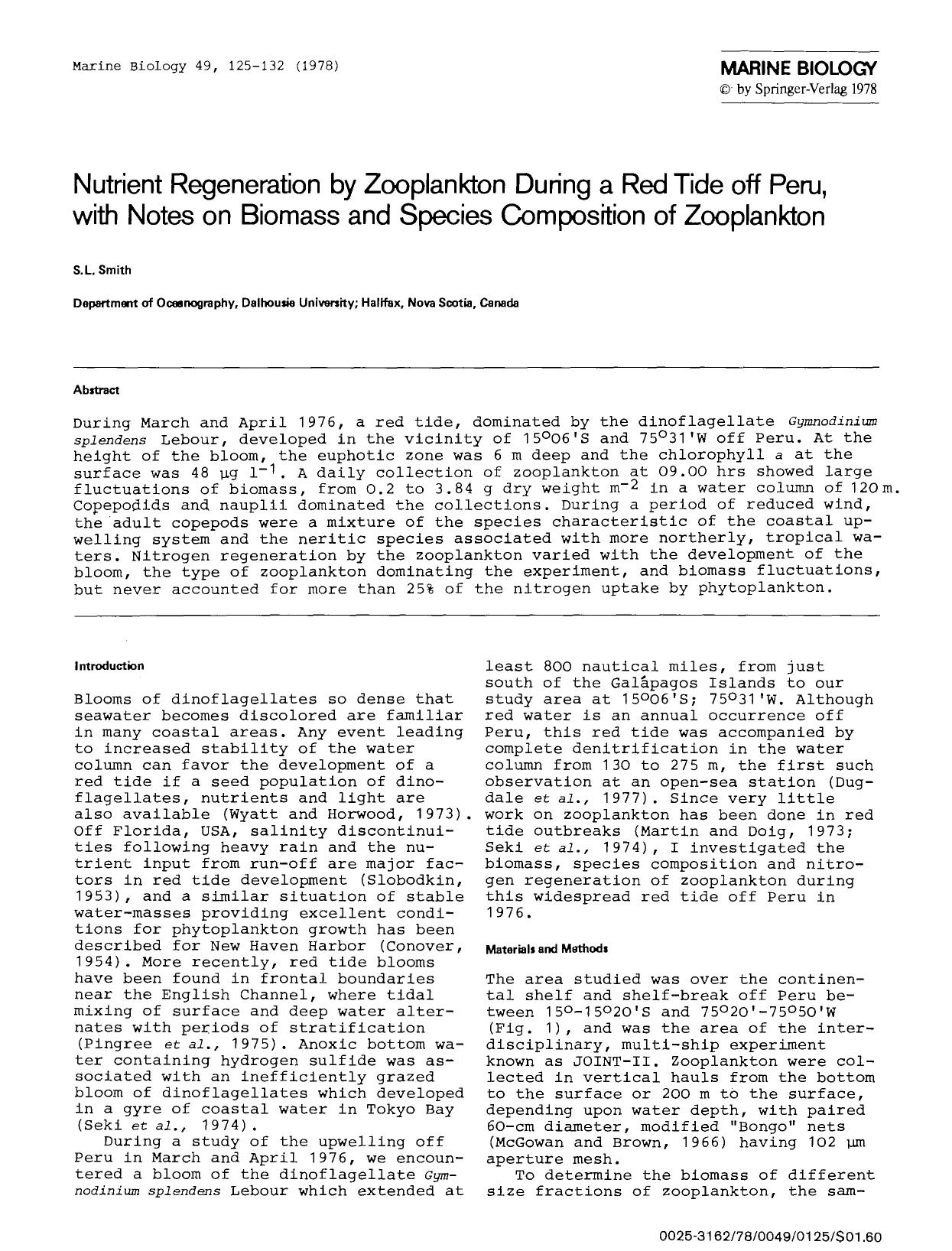 Nutrient regeneration by zooplankton during a red tide off Peru, with notes on biomass and species composition of zooplankton by Unknown