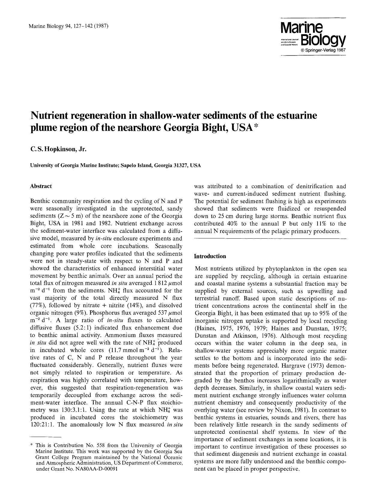 Nutrient regeneration in shallow-water sediments of the estuarine plume region of the nearshore Georgia Bight, USA by Unknown