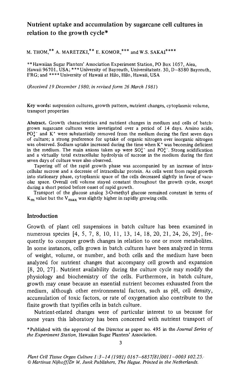 Nutrient uptake and accumulation by sugarcane cell cultures in relation to the growth cycle by Unknown