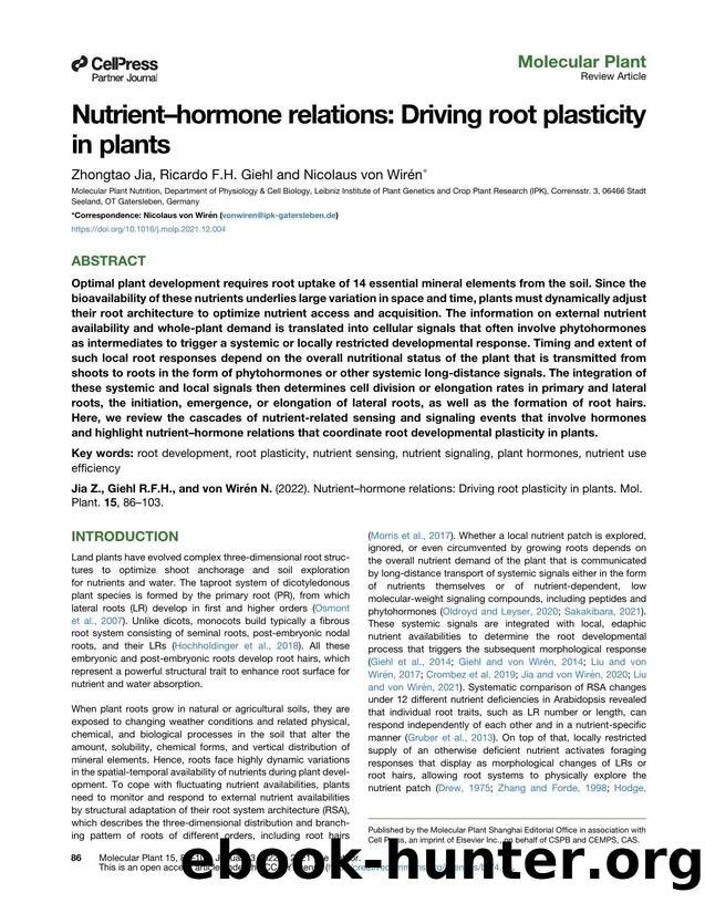 Nutrient-hormone relations: Driving root plasticity in plants by Zhongtao Jia & Ricardo F.H. Giehl & Nicolaus von Wirén