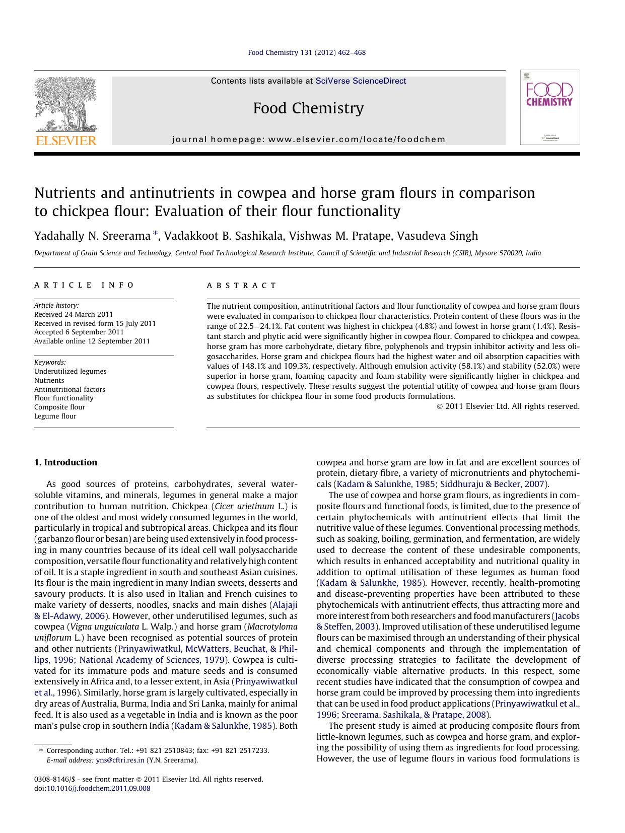 Nutrients and antinutrients in cowpea and horse gram flours in comparison to chickpea flour: Evaluation of their flour functionality by Yadahally N. Sreerama & Vadakkoot B. Sashikala & Vishwas M. Pratape & Vasudeva Singh