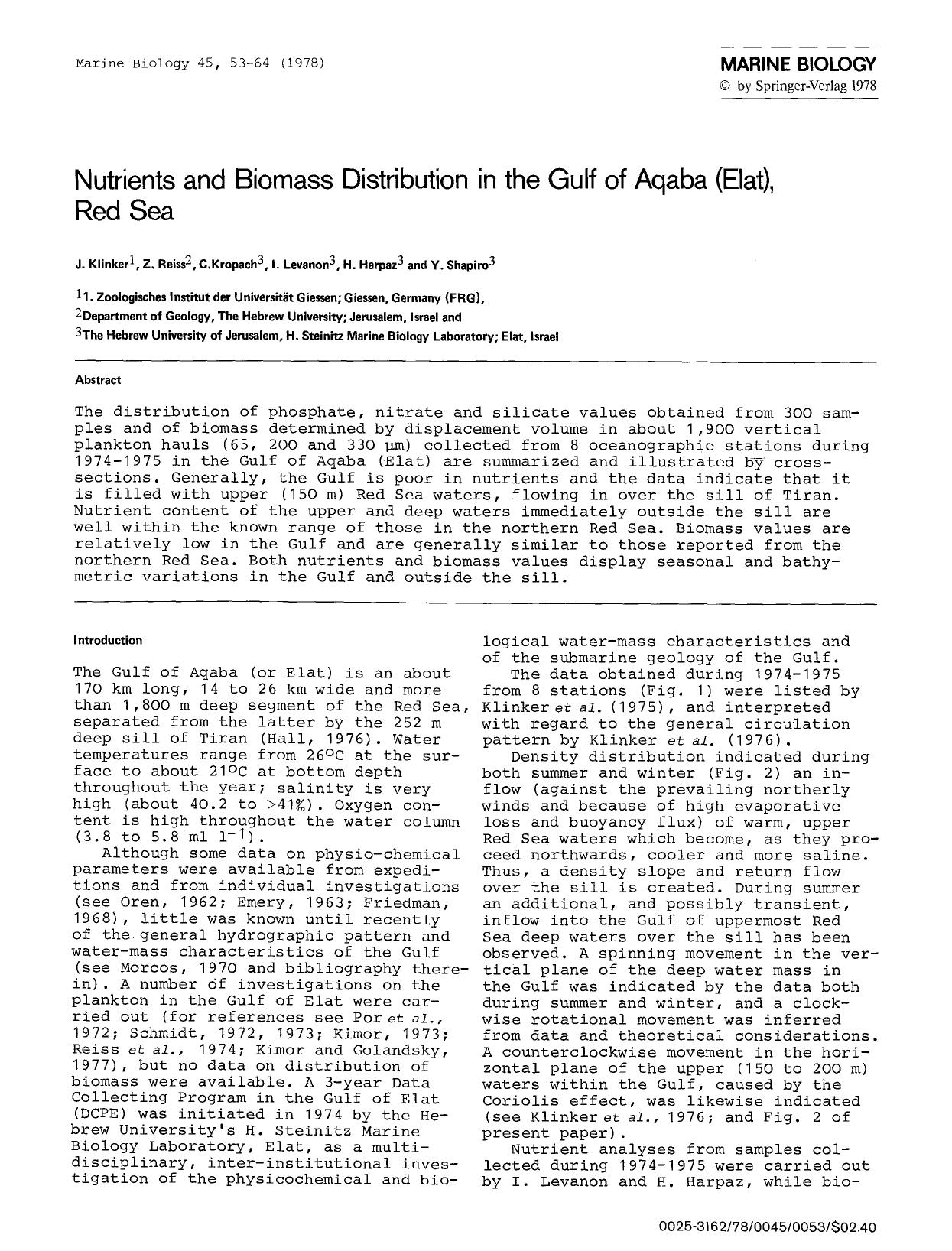 Nutrients and biomass distribution in the Gulf of Aqaba (Elat), Red Sea by Unknown