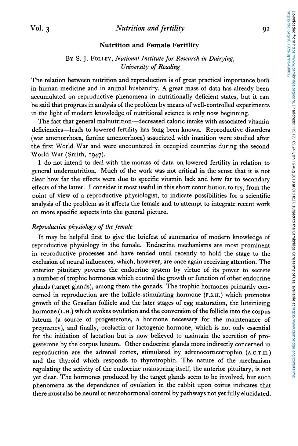 Nutrition and Female Fertility by S. J. Folley