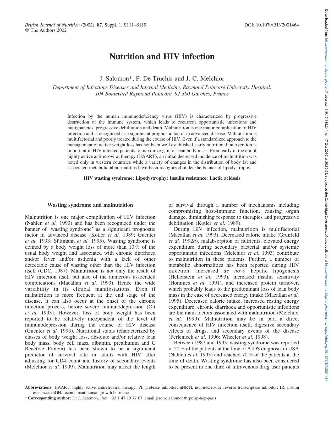 Nutrition and HIV infection by J. Salomon P. De Truchis J.-C. Melchior