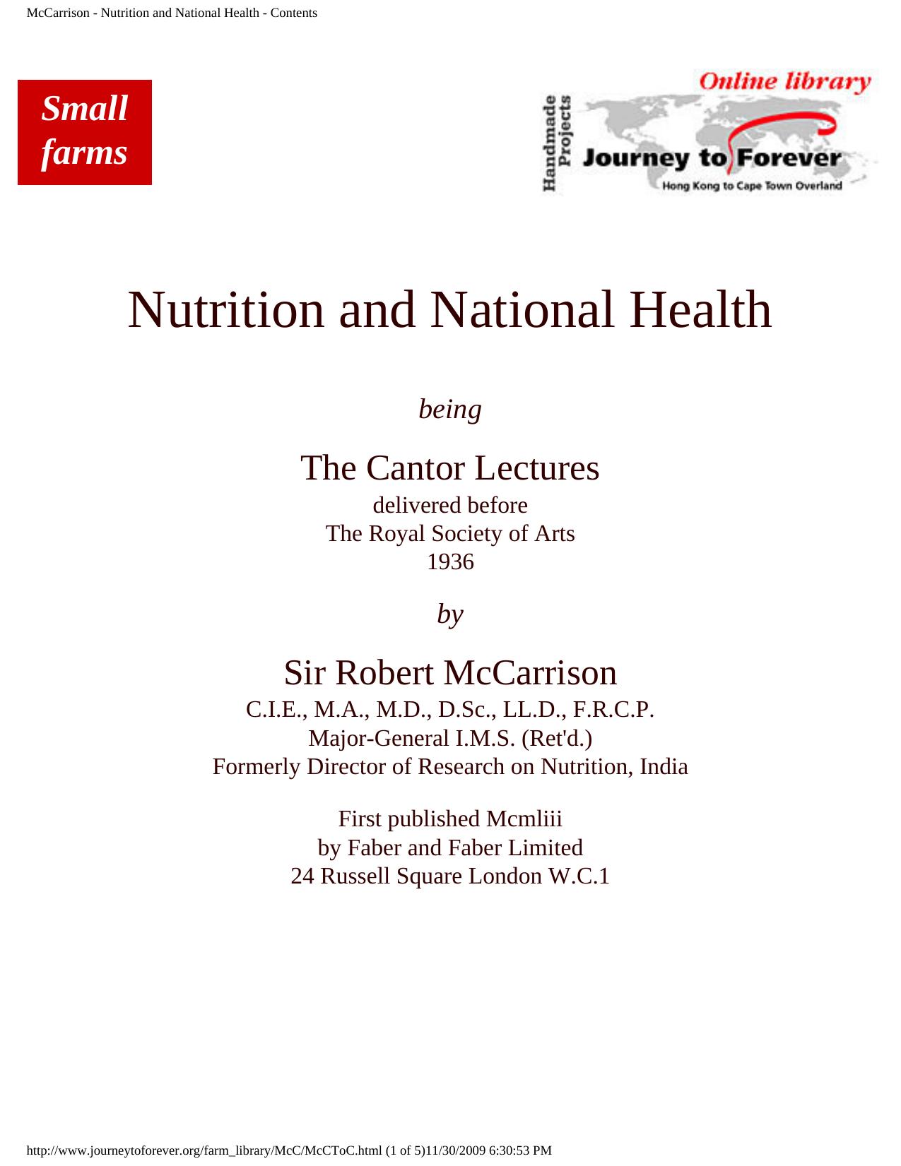 Nutrition and National Health, being The Cantor Lectures delivered before The Royal Society of Arts, 1936 by Robert McCarrison
