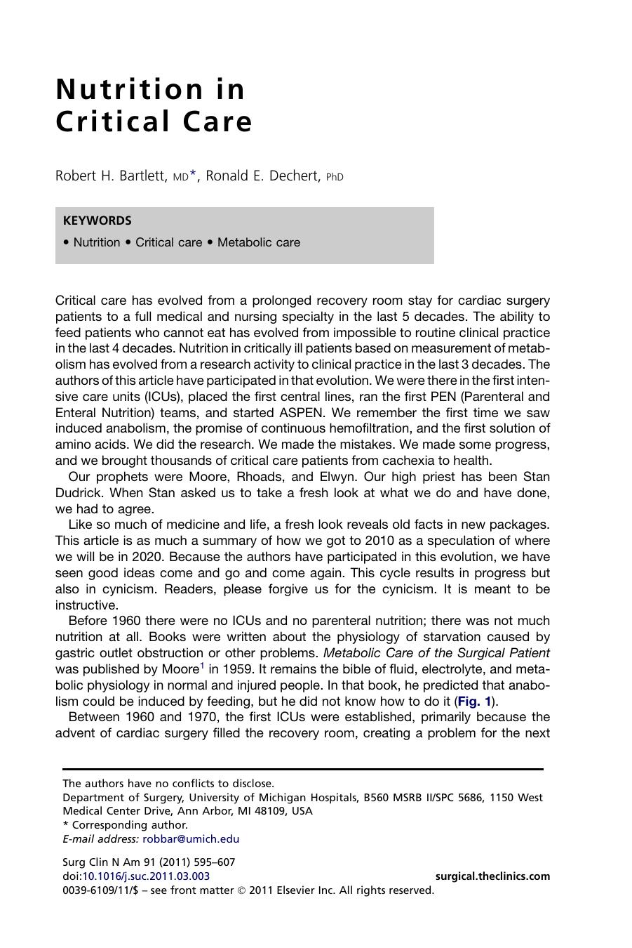 Nutrition in Critical&nbsp;Care by Robert H. Bartlett MD & Ronald E. Dechert PhD