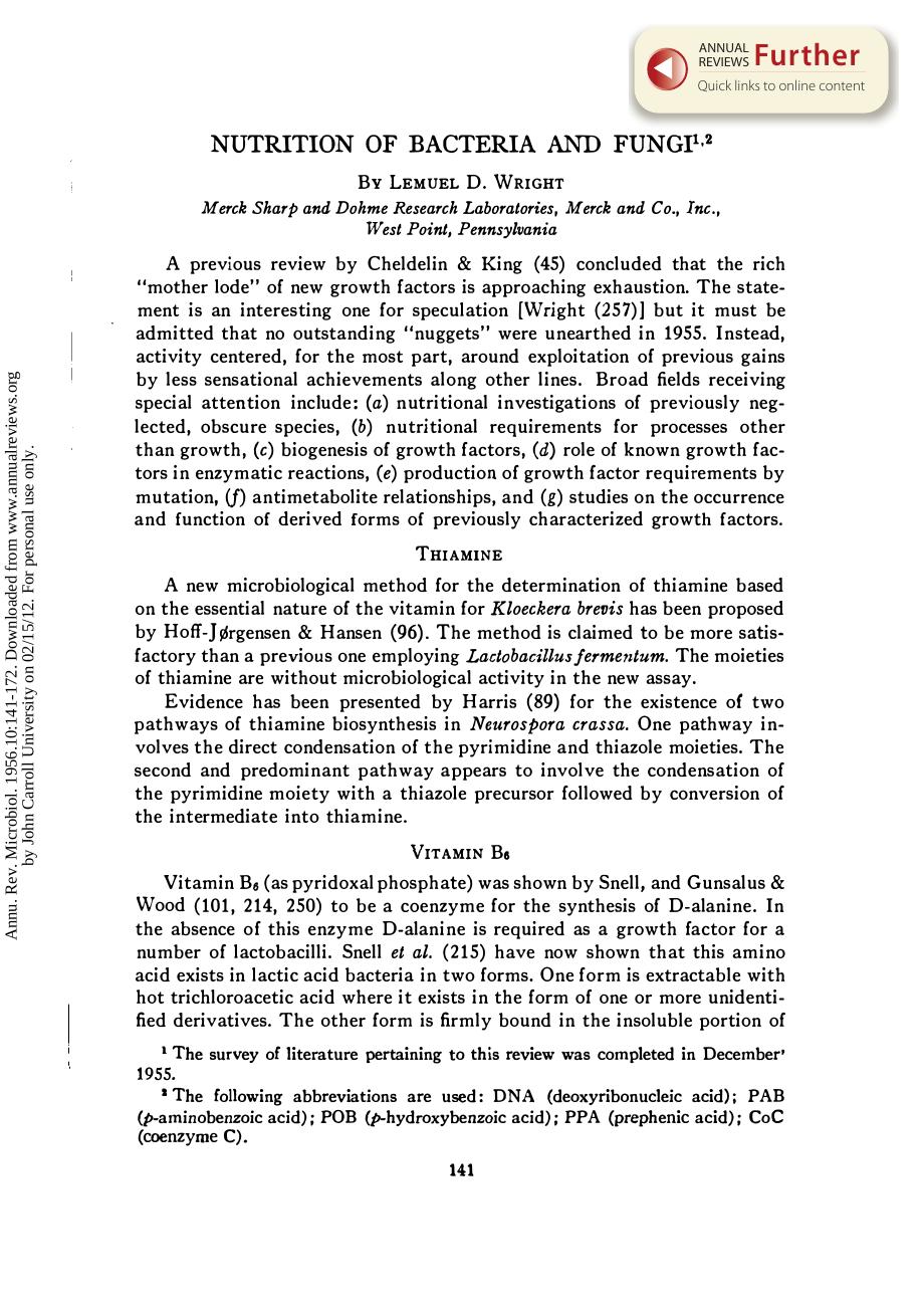 Nutrition of Bacteria and Fungi by L D Wright