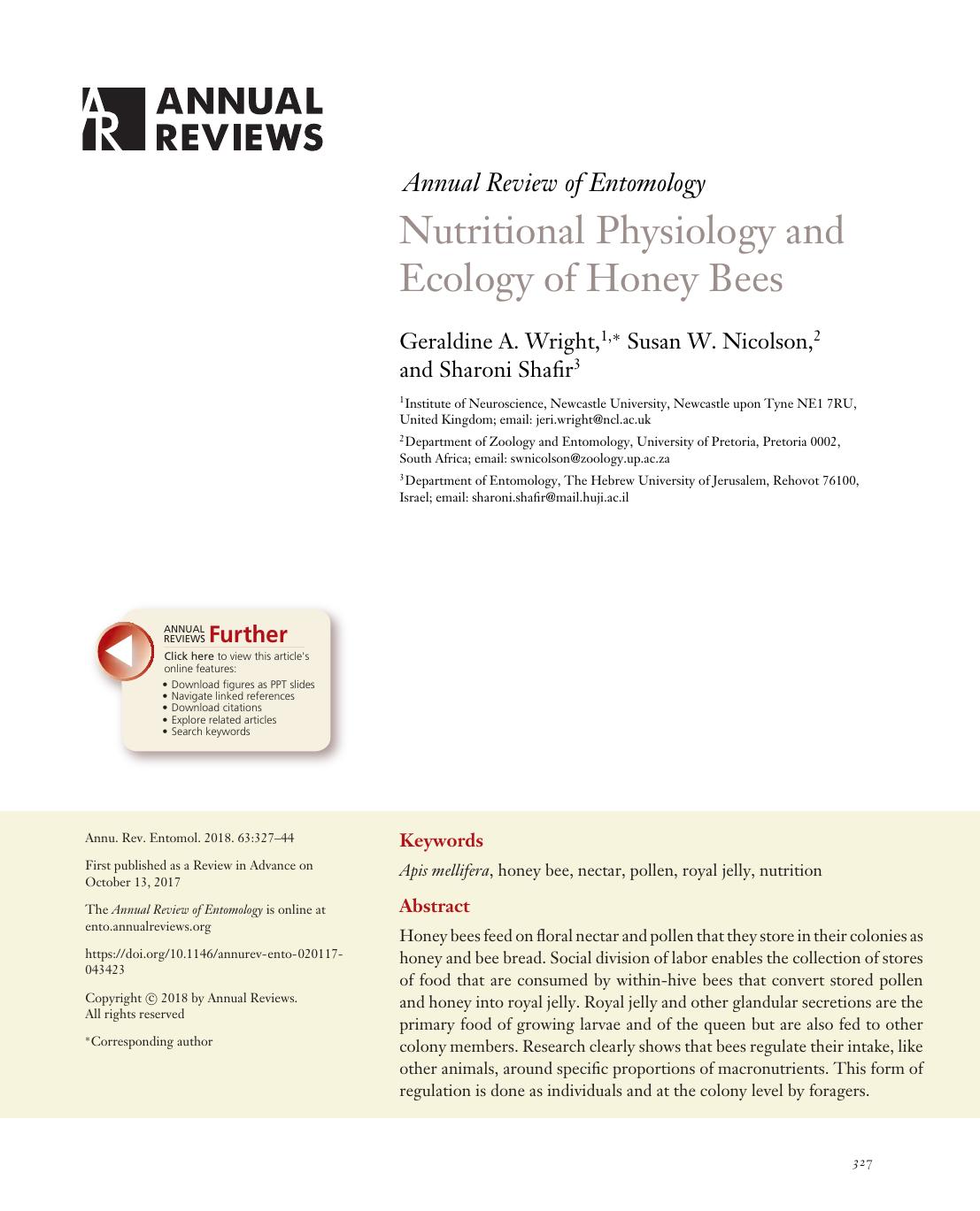 Nutritional Physiology and Ecology of Honey Bees by Geraldine A. Wright Susan W. Nicolson Sharoni Shafir