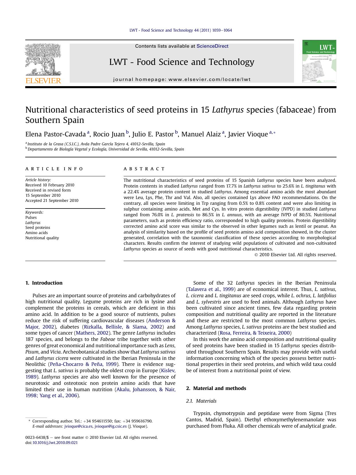 Nutritional characteristics of seed proteins in 15 Lathyrus species (fabaceae) from Southern Spain by Elena Pastor-Cavada & Rocio Juan & Julio E. Pastor & Manuel Alaiz & Javier Vioque