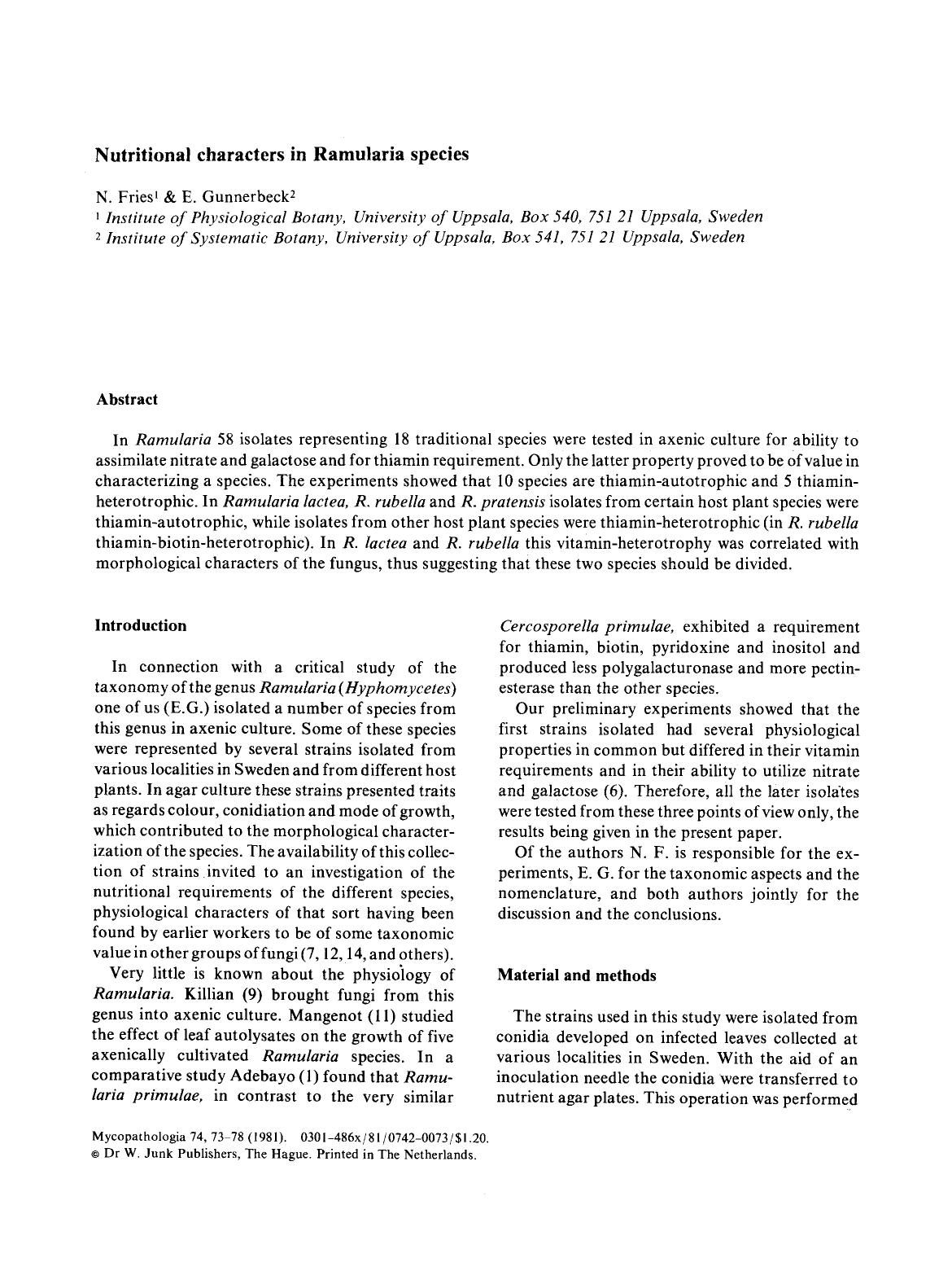 Nutritional characters in Ramularia species by Unknown