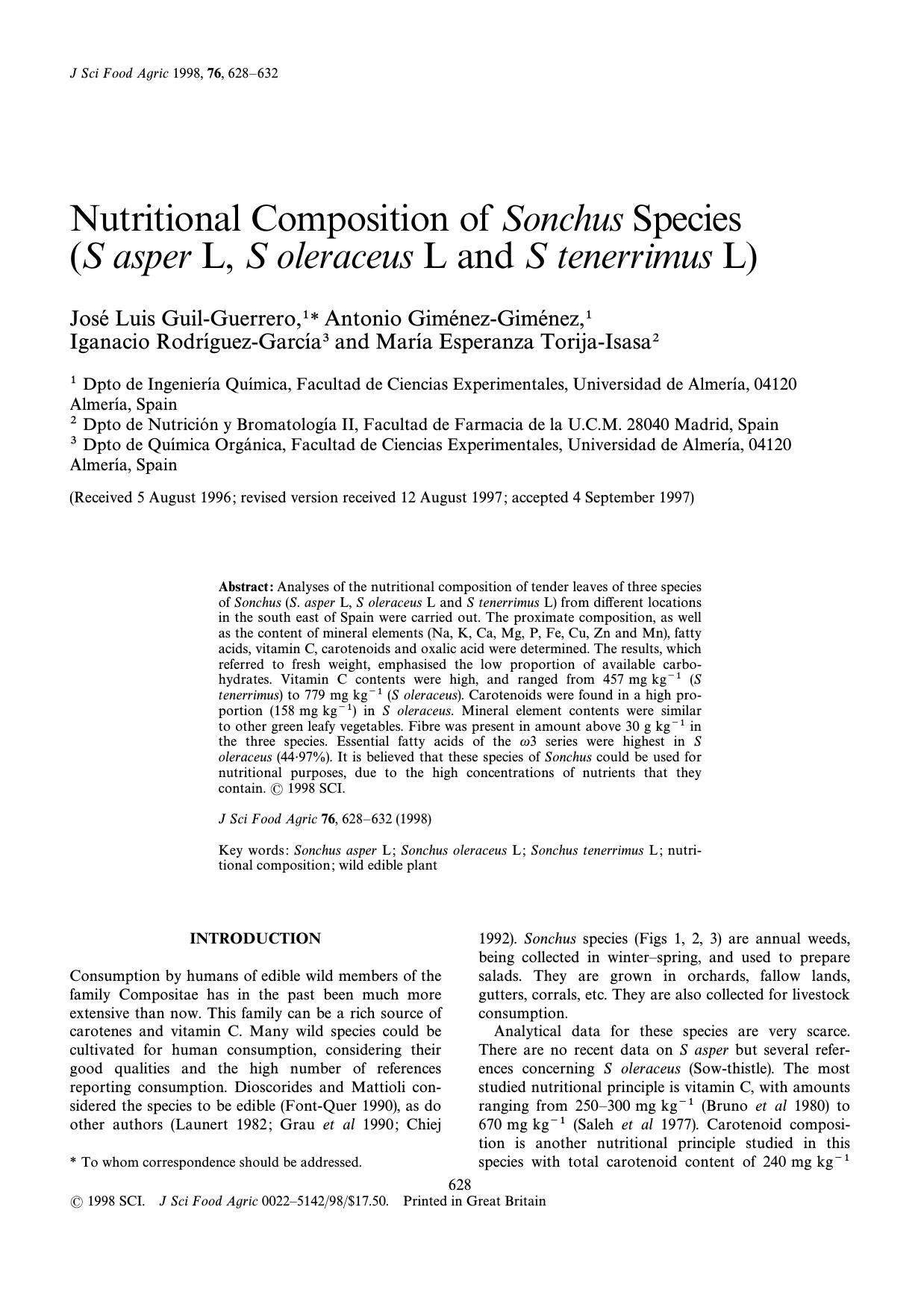 Nutritional composition of Sonchus species (S asperL, S oleraceusL and S tenerrimusL) by Guil-Guerrero Gim & eacute;nez-Gim & eacute;nez Rodr & iacute;guez-Garc & iacute;a Torija-Isasa