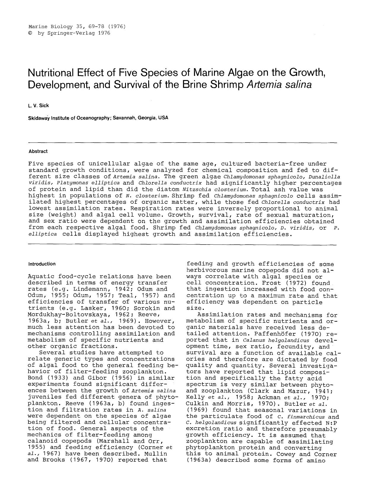 Nutritional effect of five species of marine algae on the growth, development, and survival of the brine shrimp <Emphasis Type="Italic">Artemia salina<Emphasis> by Unknown