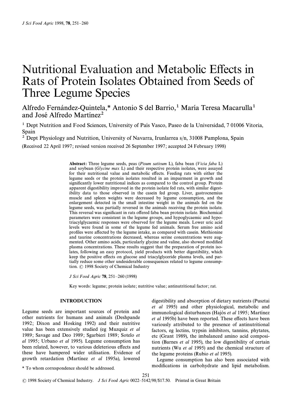 Nutritional evaluation and metabolic effects in rats of protein isolates obtained from seeds of three legume species by Fern & aacute;ndez-Quintela Barrio Macarulla Mart & iacute;nez