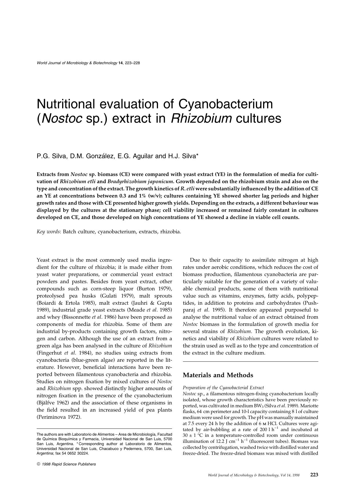 Nutritional evaluation of Cyanobacterium (Nostoc sp.) extract in Rhizobium cultures by Unknown