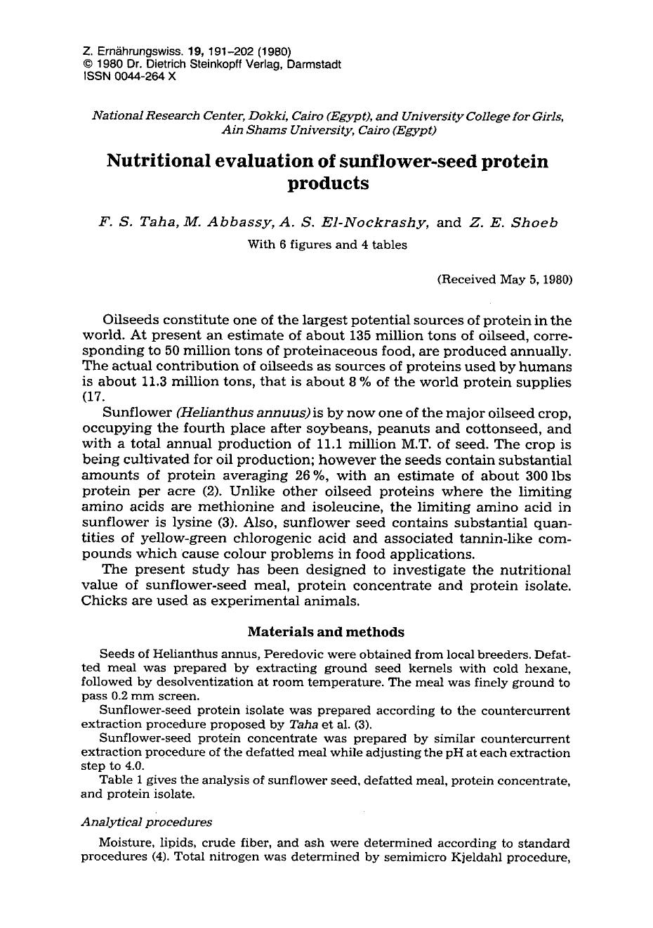 Nutritional evaluation of sunflower-seed protein products by Unknown